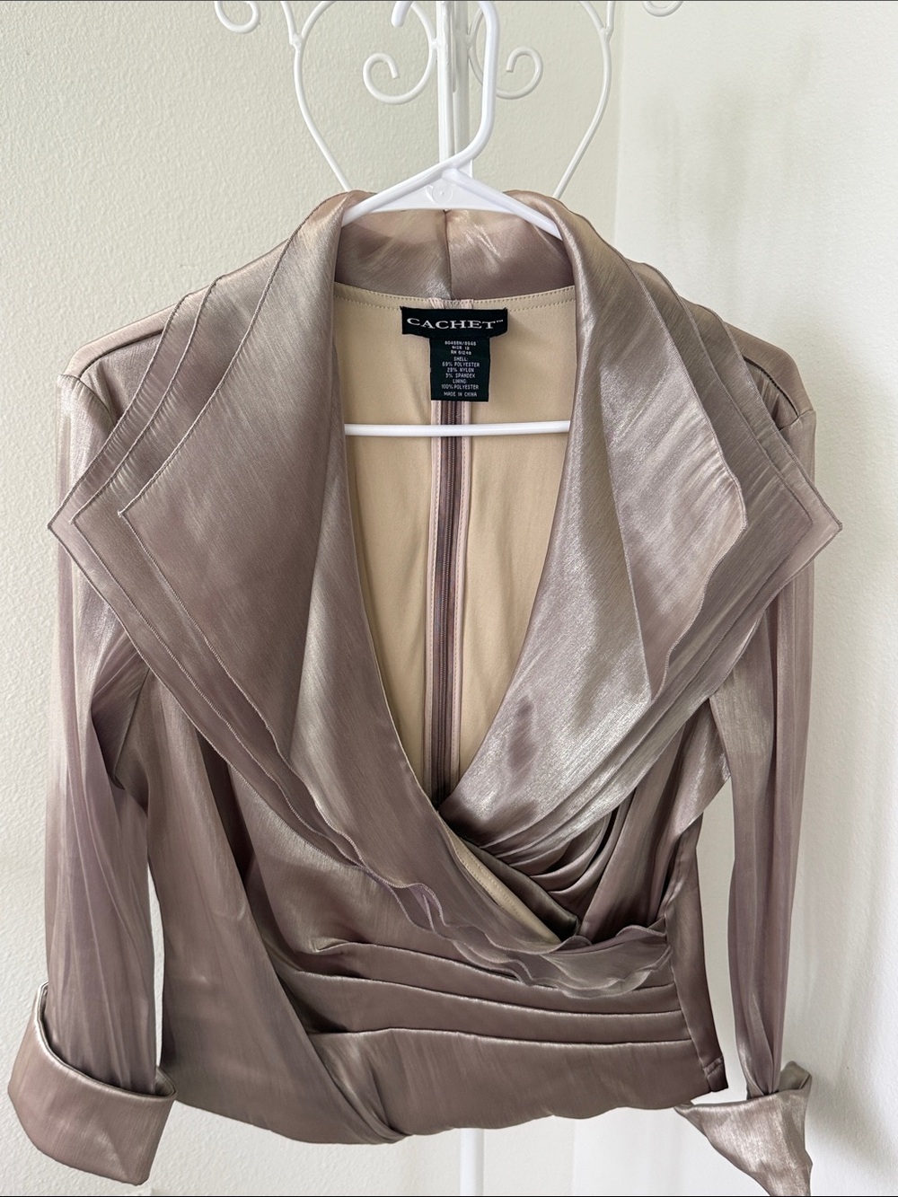 VTG Cachet Satin Drape Wrap Blouse in Shimmering Taupe size 12, color gold